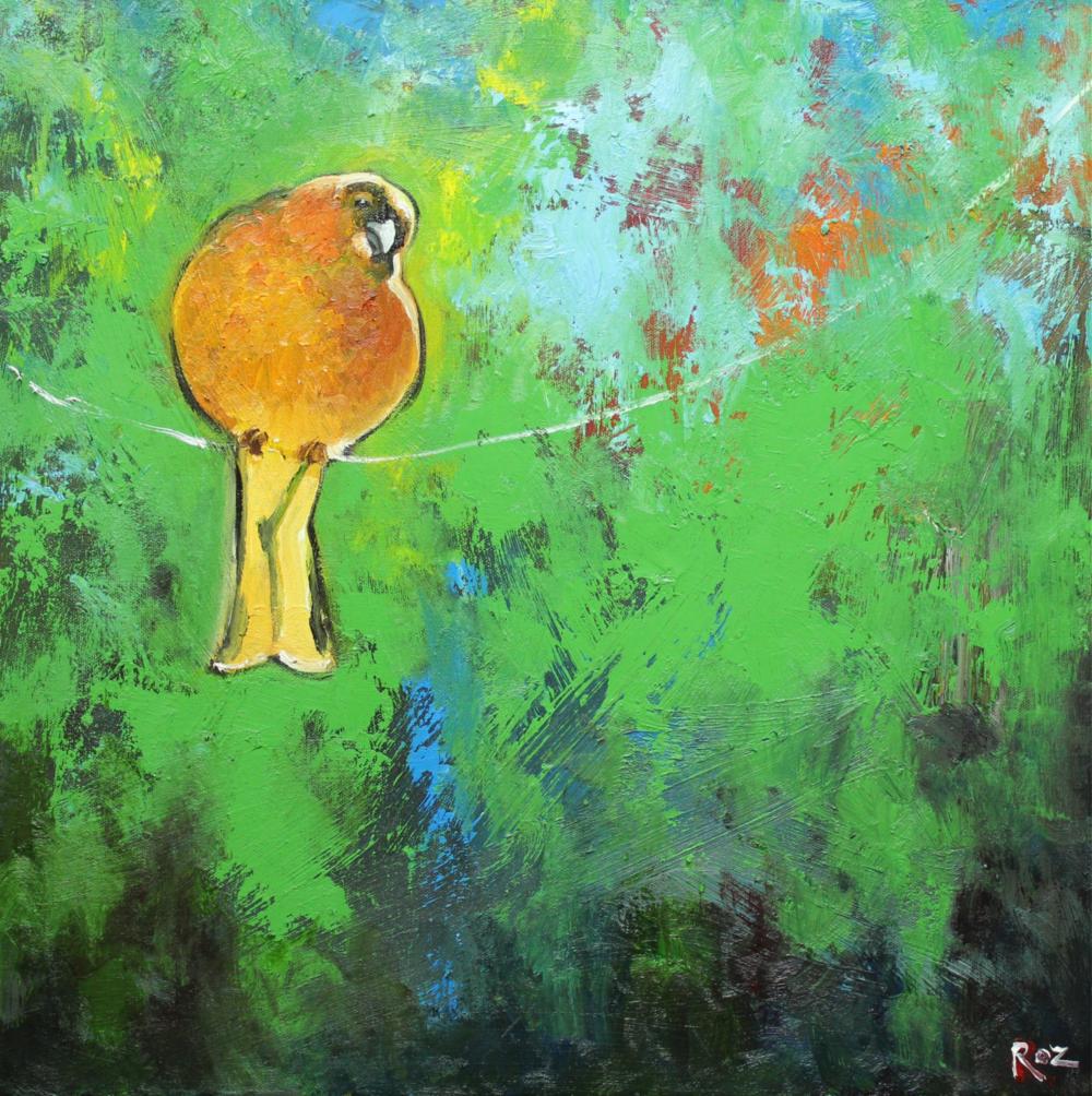Bird On A Wire 77 20x20" Original Oil Painting By Roz