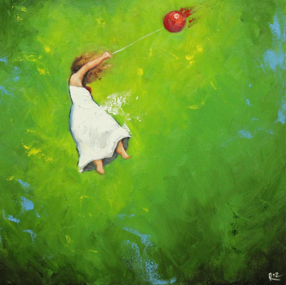 Leap 374 20x20" Original Oil Painting Leaping Girl With Balloon By Roz