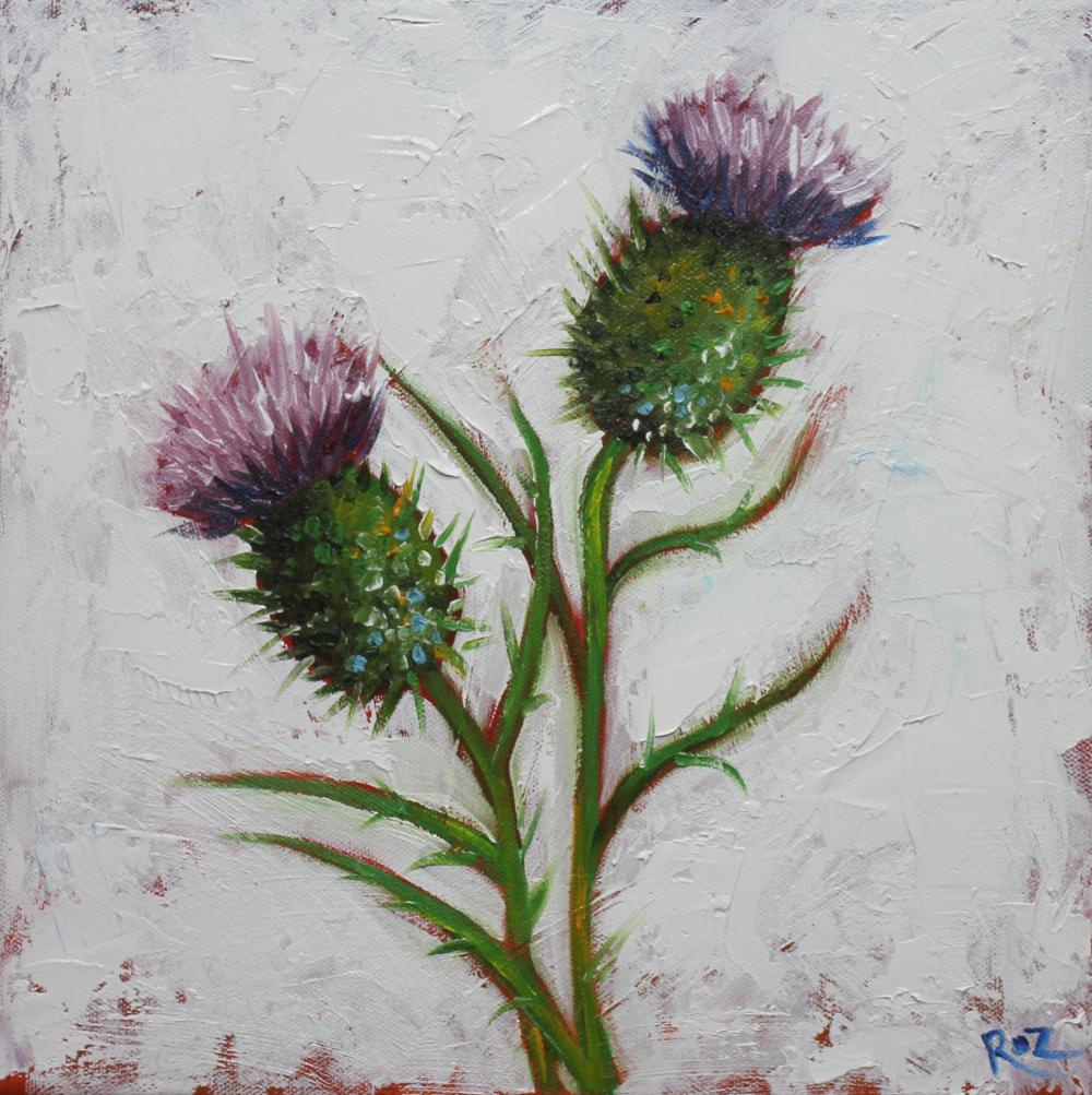Floral 174 12x12" Thistles Original Oil Painting By Roz